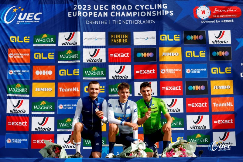 2023 UEC Road European Championships - Drenthe - Junior Men's Road Race - Drijber - Col Du VAM 111 km - 23/09/2023 - Anze Ravbar (Slovenia) - Matys Grisel (France) - Zak Erzen (Slovenia) - photo Luca Bettini/SprintCyclingAgency?2023